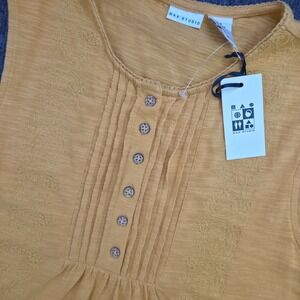 Max Studio Women M Yellow Cotton Embroidered Pintuck Sleeveless Boho Tank Top